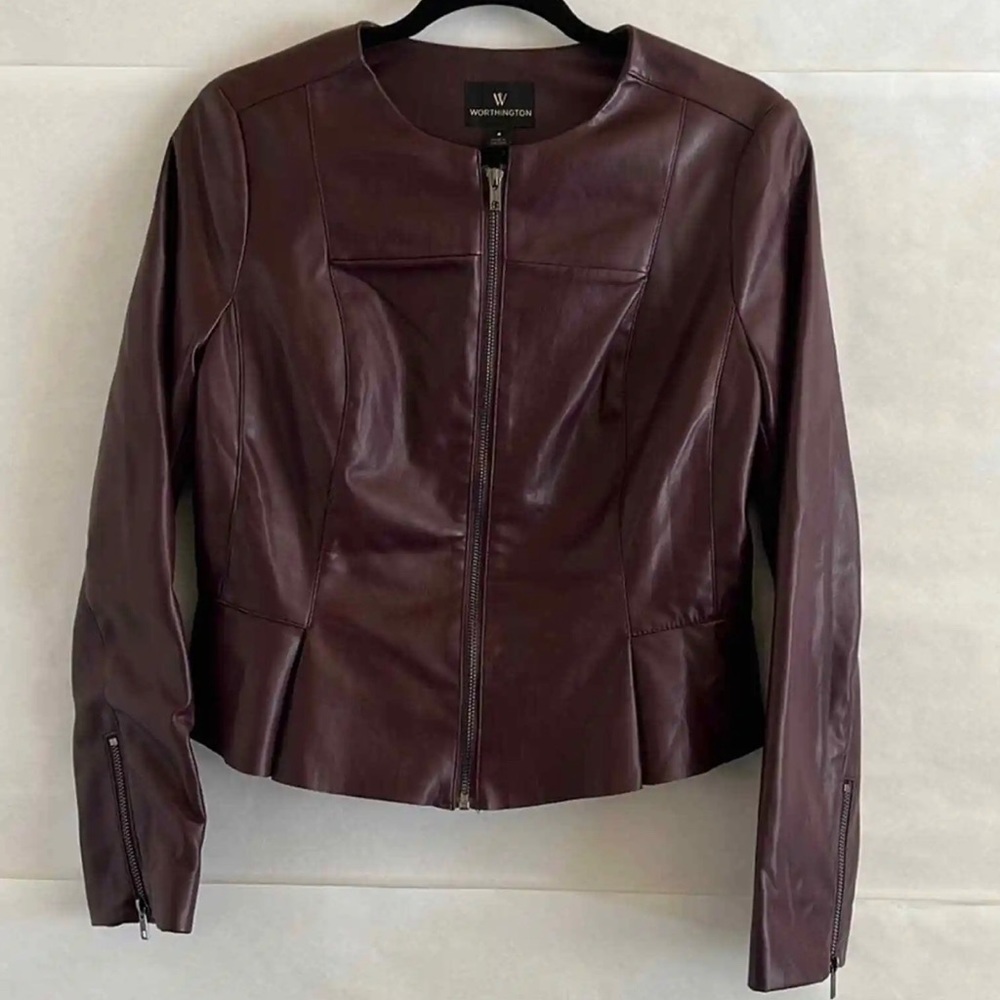 Worthington Leather Jacket Petite Women Size 10P Burgundy $80 MSRP